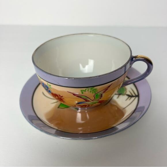 Vintage Chikaramachi Lavender & Peach Bird Floral Hand Painted Teacup Saucer Set - Picture 6 of 15